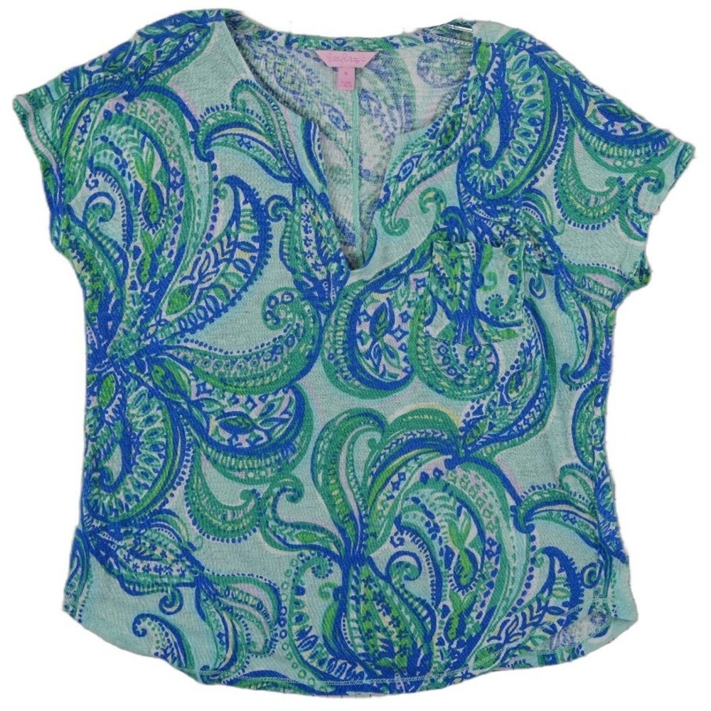 Lilly Pulitzer 100% Linen Top Blouse Women's Size Medium Blue Green Paisley